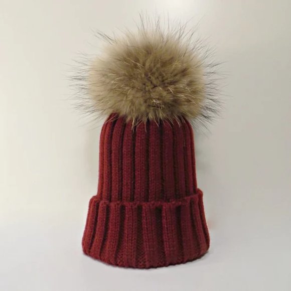 Burgundy Wine Bordeaux Natural Fur Pom Beanie Hat - Picture 2 of 5